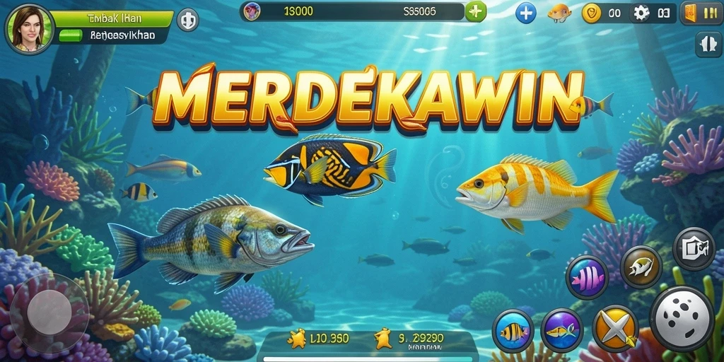 Tangkapan layar permainan MERDEKAWIN menampilkan aksi menembak ikan yang seru.