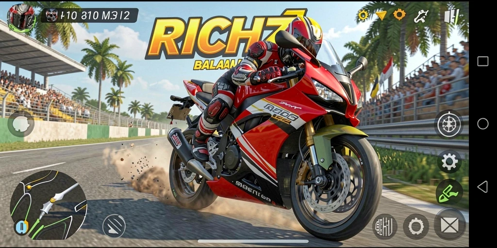 Gameplay mendebarkan di RICH7 dengan berbagai lintasan balapan motor.